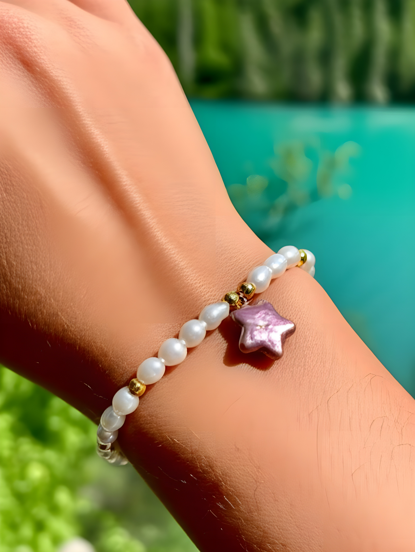 White Rice Pearl Bracelet with Purple Star Baroque Pendant