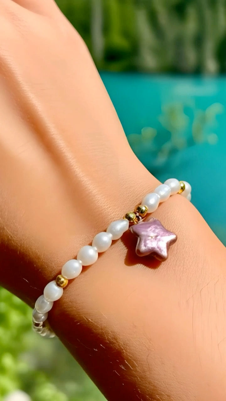 White Rice Pearl Bracelet with Purple Star Baroque Pendant