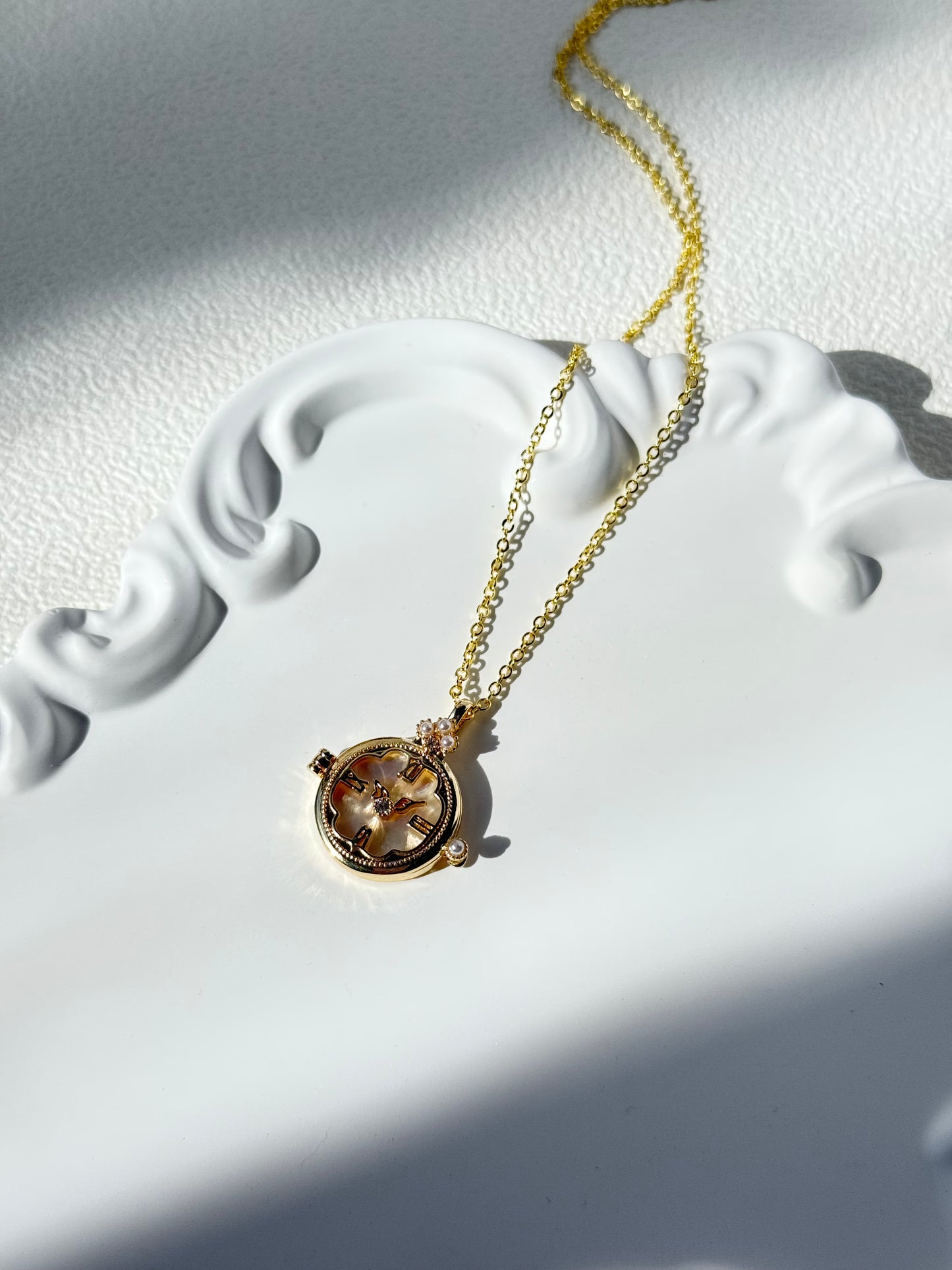 White Mother-of-Pearl Locket Watch Pendant Necklace