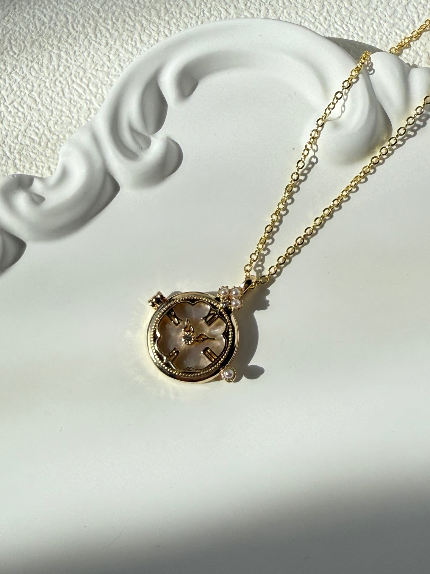 White Mother-of-Pearl Locket Watch Pendant Necklace
