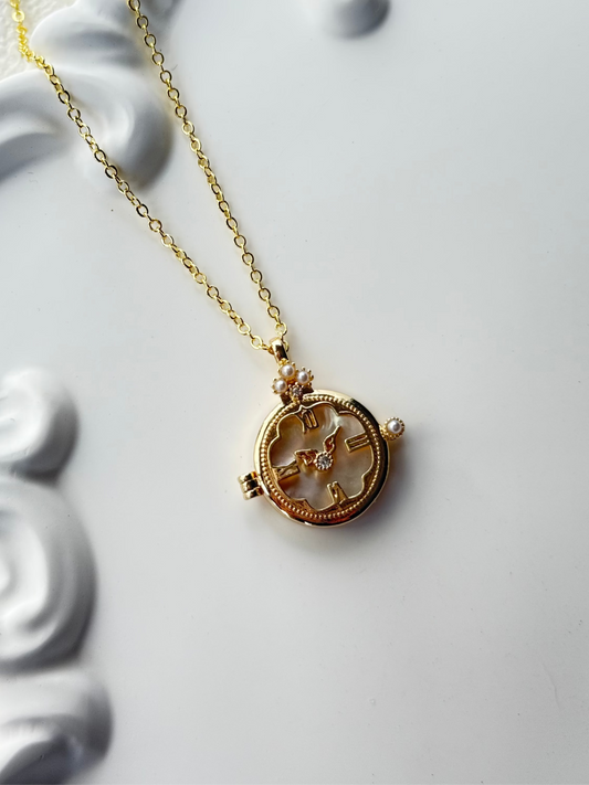 White Mother-of-Pearl Locket Watch Pendant Necklace