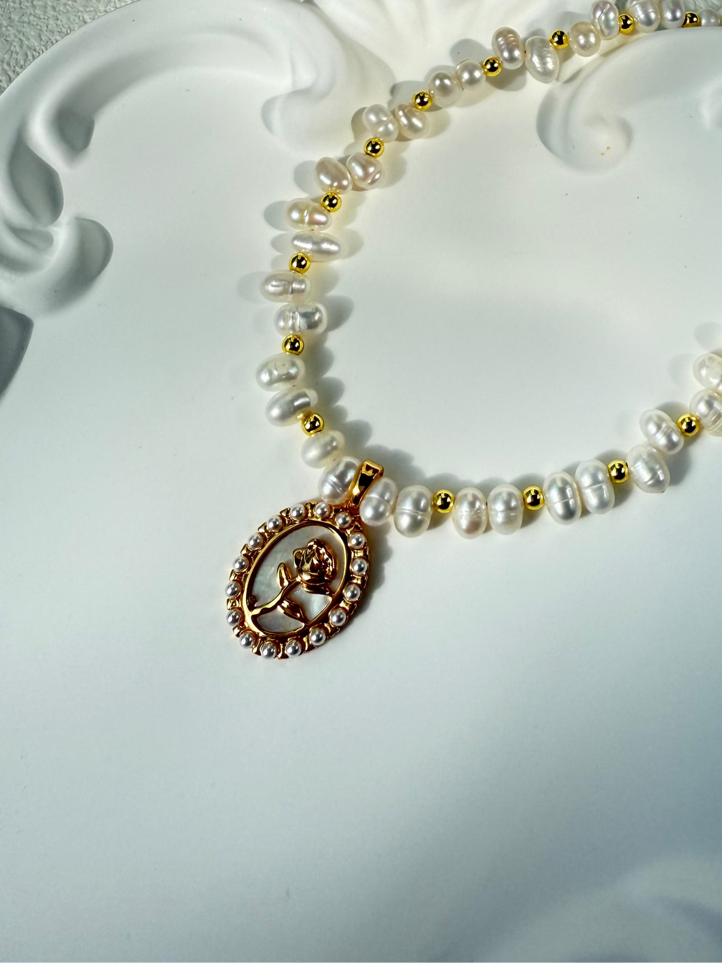 Elegant Rose & White Mother-of-Pearl Charm Necklace