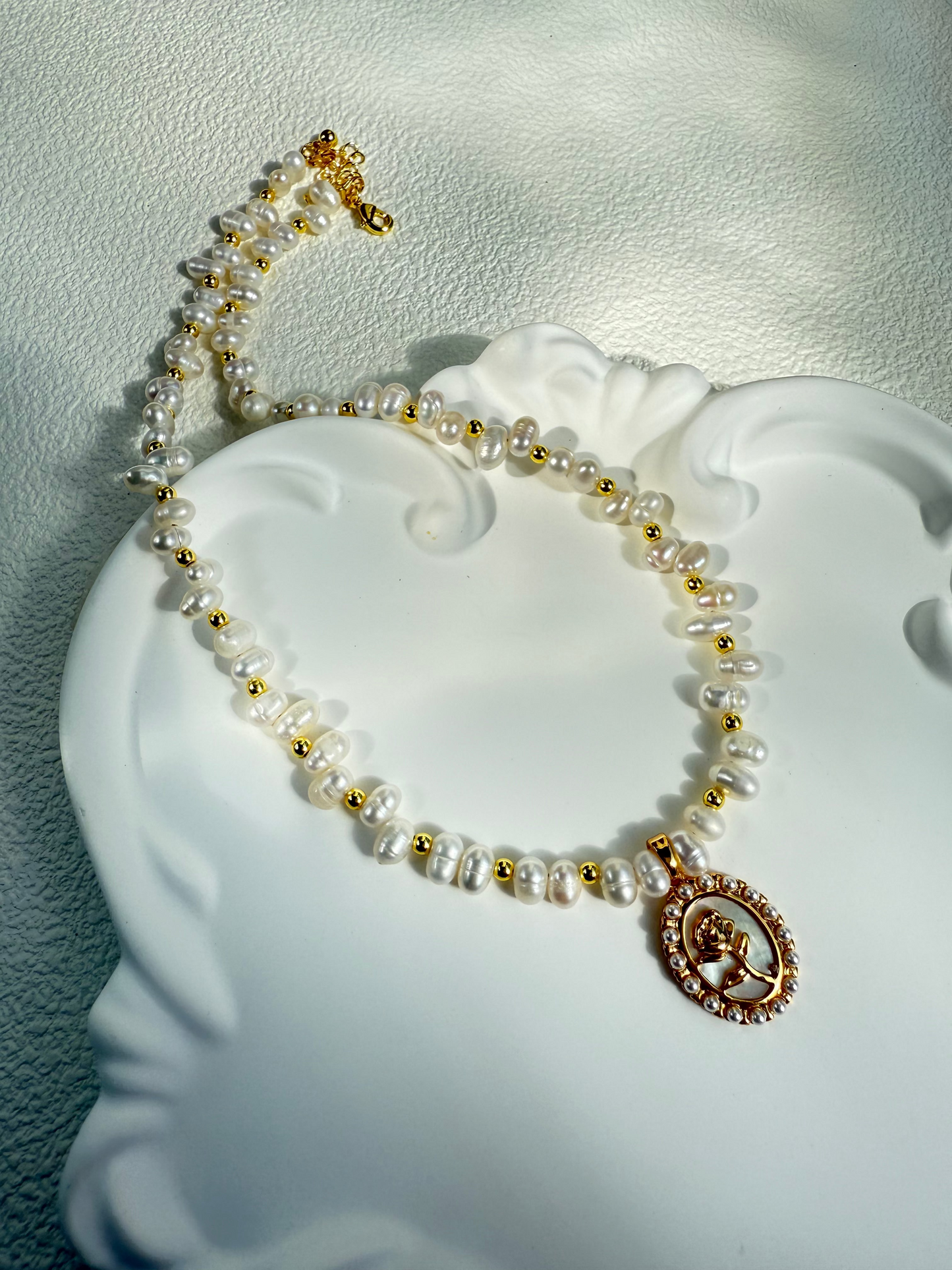 Elegant Rose & White Mother-of-Pearl Charm Necklace