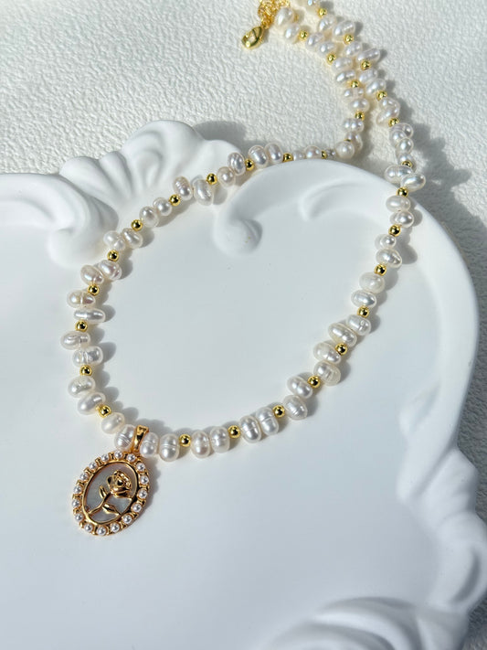 Elegant Rose & White Mother-of-Pearl Charm Necklace