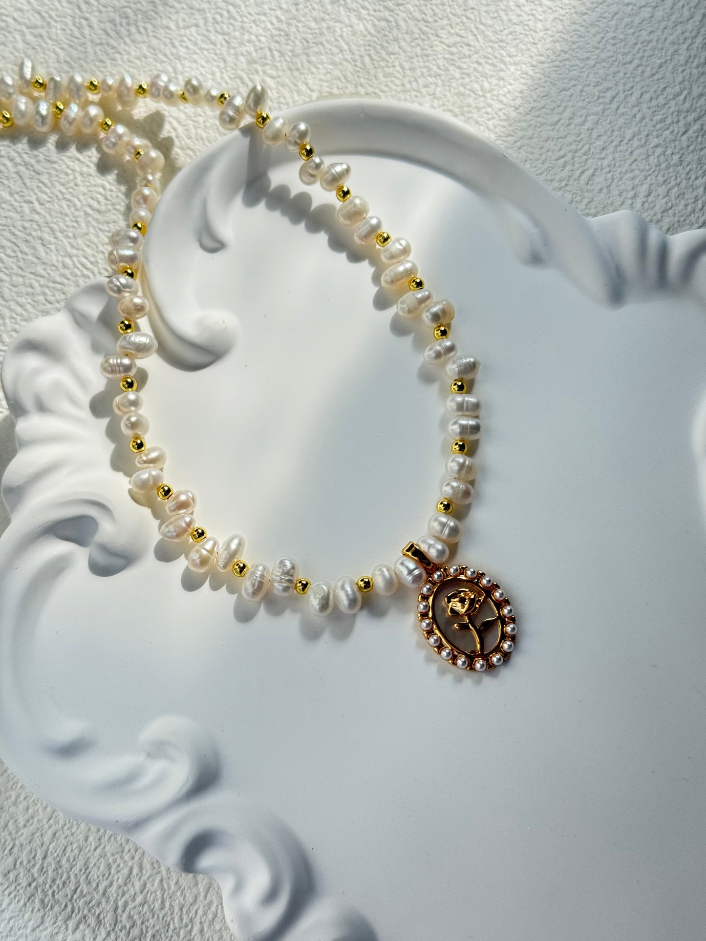 Elegant Rose & White Mother-of-Pearl Charm Necklace