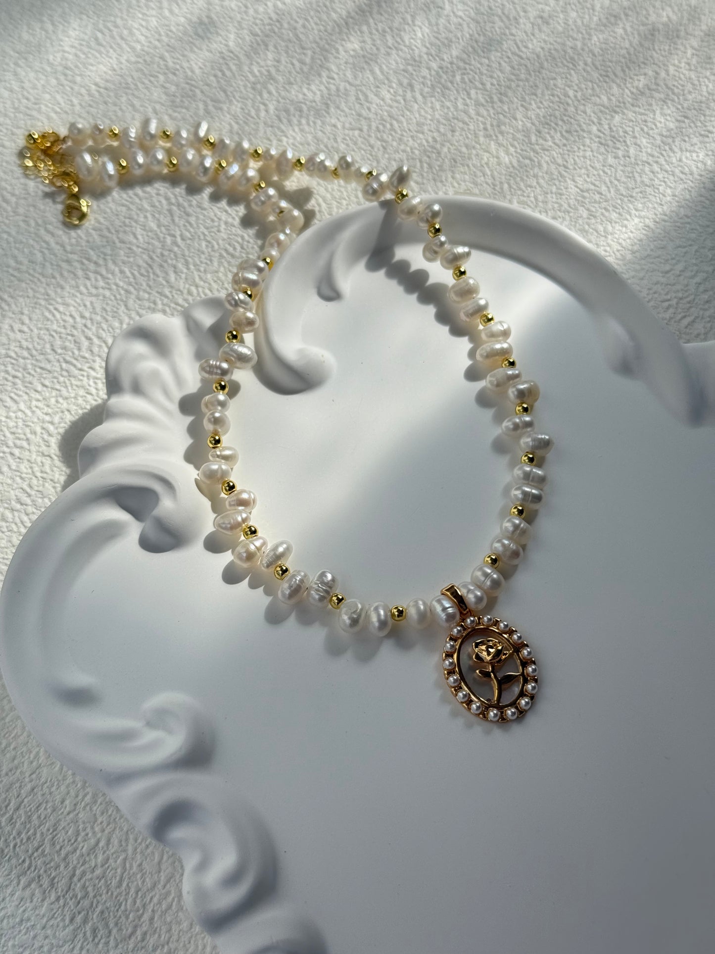 Elegant Rose & White Mother-of-Pearl Charm Necklace
